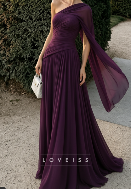One Shoulder Chiffon A-Line Evening Gown with Cape Sleeve