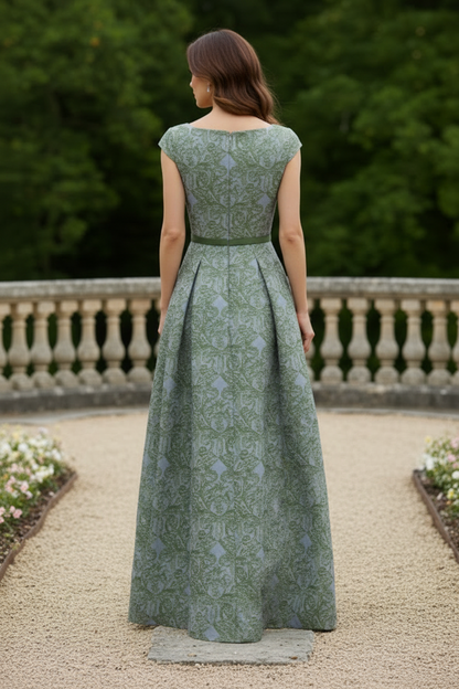 Square Neck Jacquard A-Line Gown with Bow Belt
