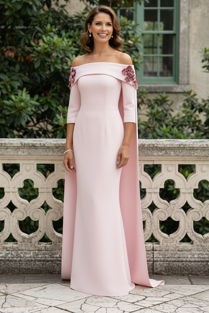 Off-the-Shoulder Cape Column Gown with 3D Flowers