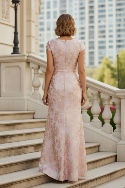 Floral Jacquard Gown with 3D Flower and Slit