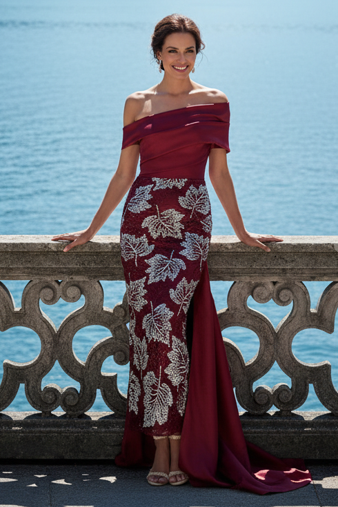 Off-Shoulder Sequin Floral Gown with Draped Train