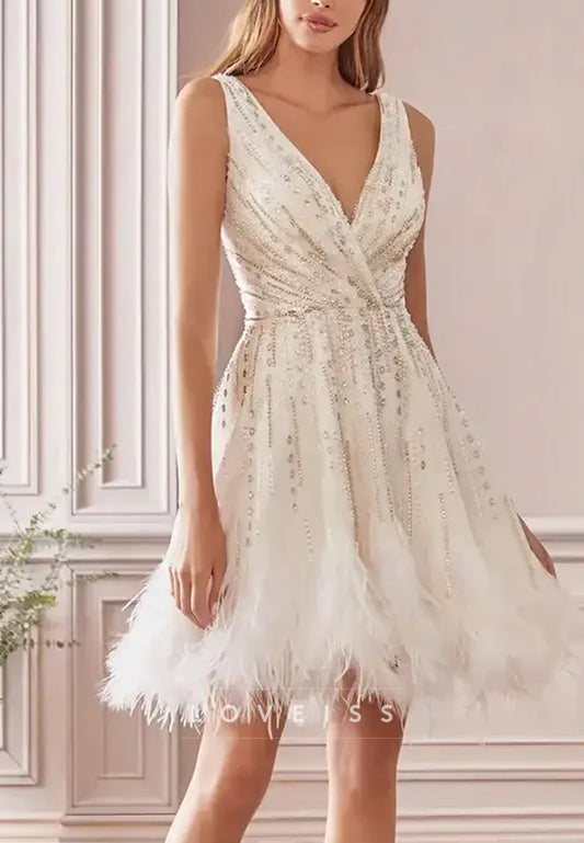 V-Neck Sequin Feather Hem A-Line Mini Dress