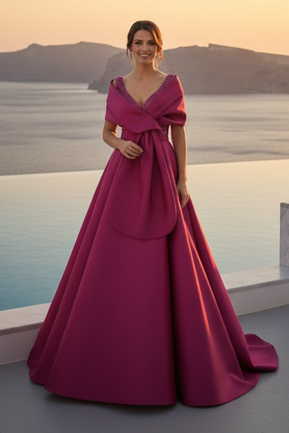 Sequined V-Neck Ball Gown with Wrap Shawl