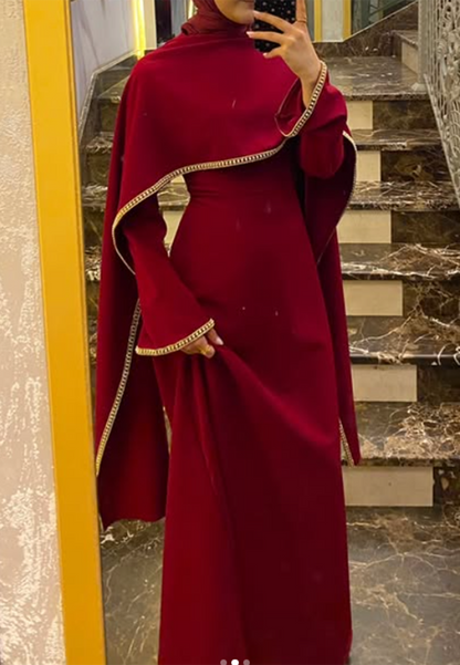 Long Sleeve Cape Evening Maxi Dress with Trim