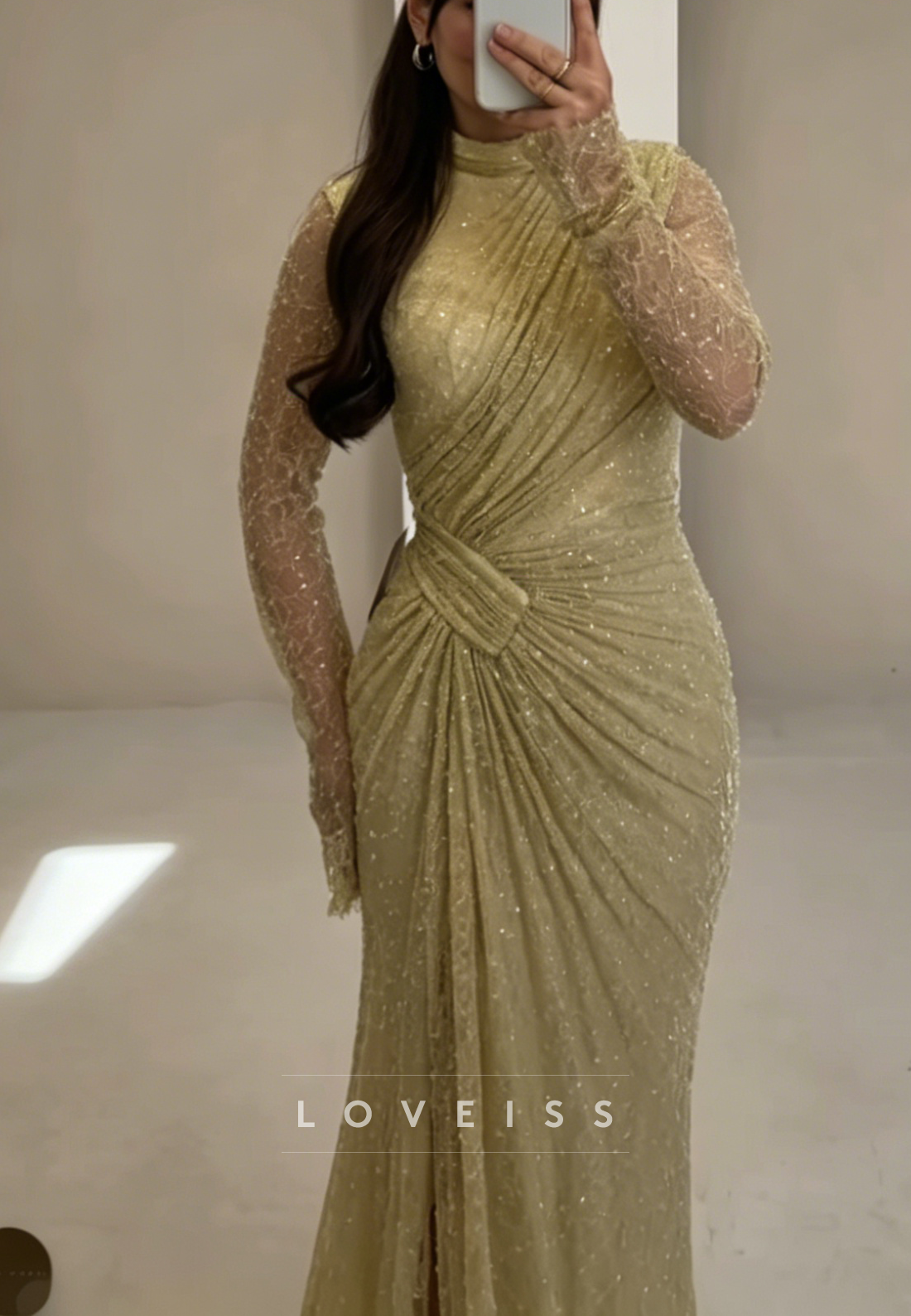High-Neck Ruched Long Sleeve Evening Gown