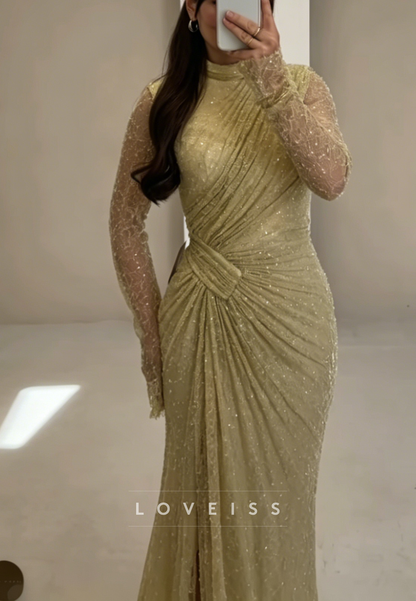 High-Neck Ruched Long Sleeve Evening Gown