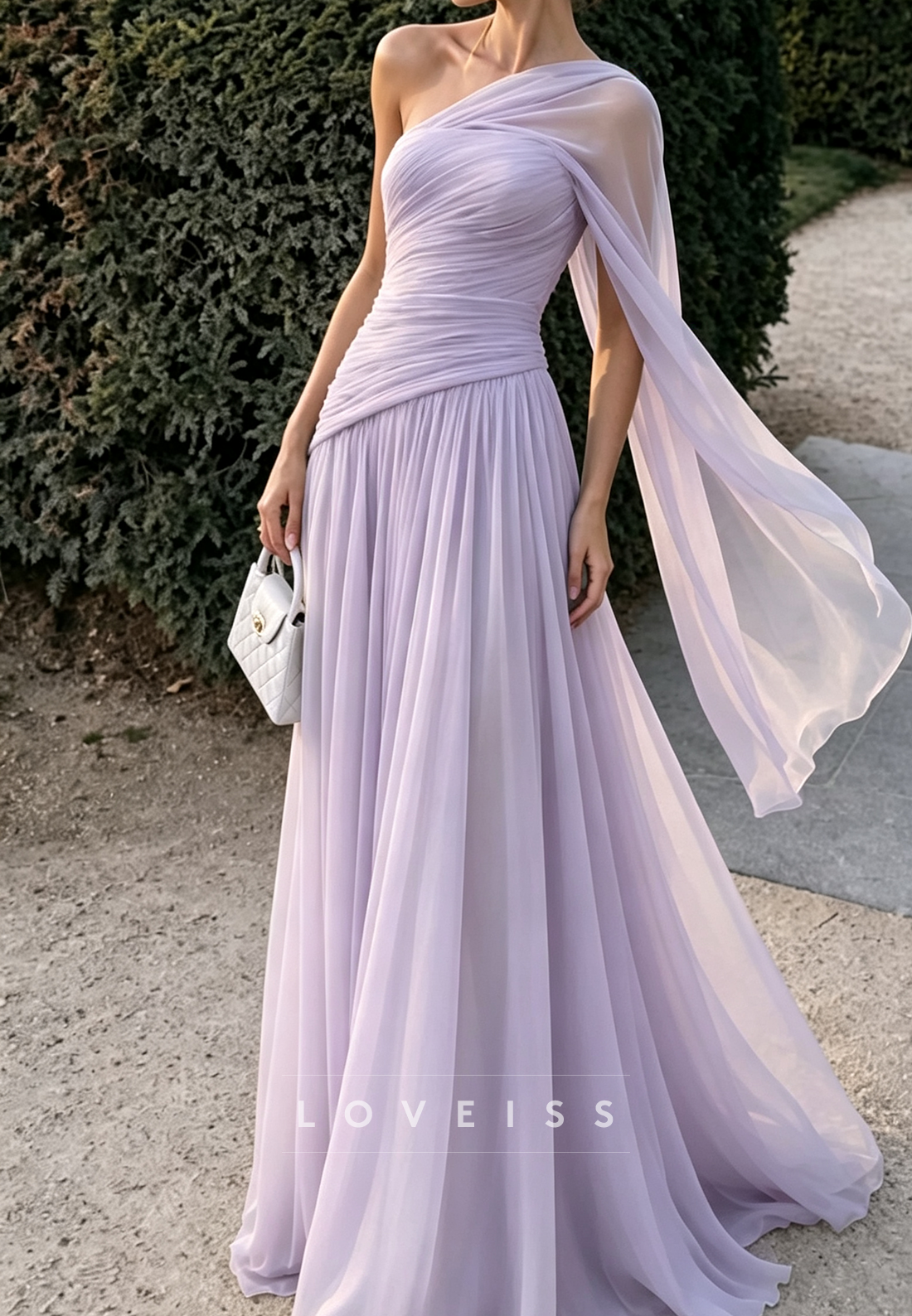 One Shoulder Chiffon A-Line Evening Gown with Cape Sleeve