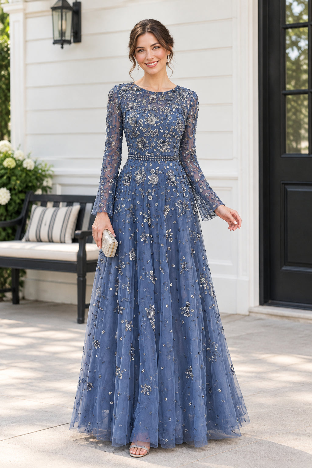 Beaded Floral Sequin Long Sleeve A-Line Gown