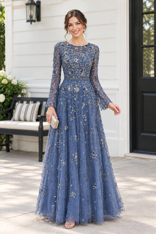 Beaded Floral Sequin Long Sleeve A-Line Gown