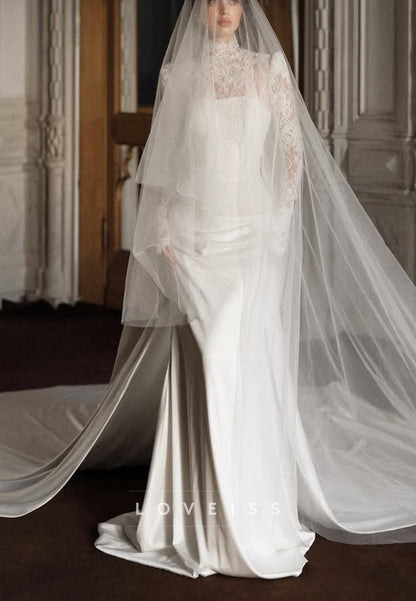 High Neck Lace Bodice Satin Wedding Gown