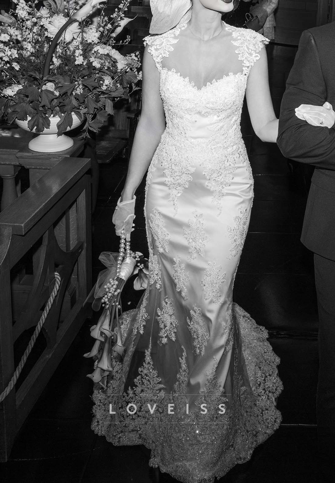 Lace Applique Mermaid Wedding Dress with Sheer Back