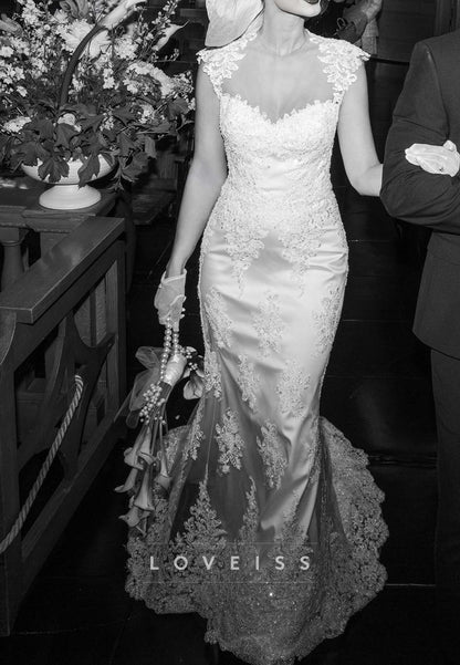 Lace Applique Mermaid Wedding Dress with Sheer Back