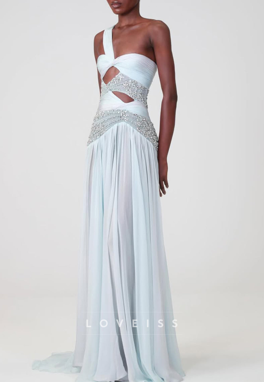 One-Shoulder Cut-Out Gown with Embellished Waist