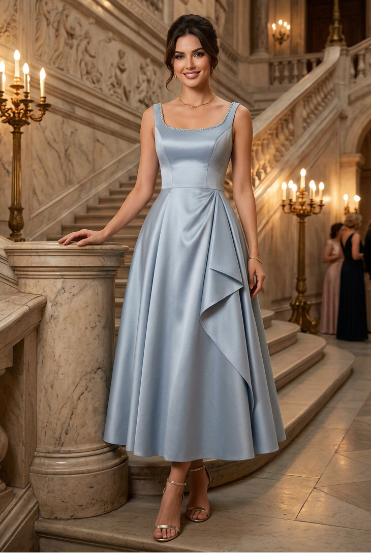 A-Line Tea-Length Dress with Beaded Neckline