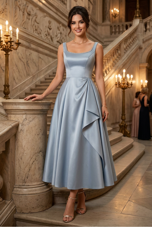 A-Line Tea-Length Dress with Beaded Neckline