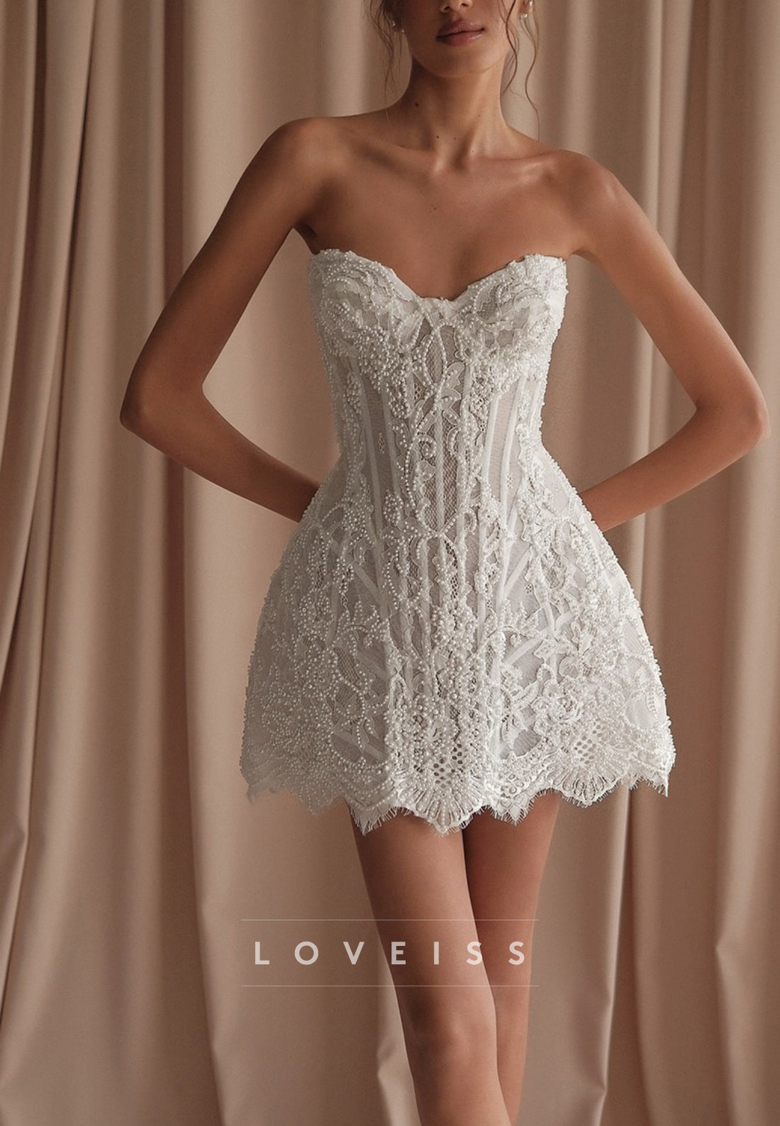 Strapless Pearl Beaded Lace Corset Mini Dress