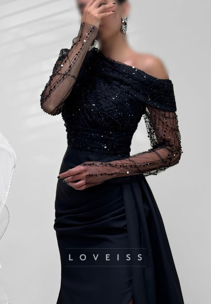 Sequined Asymmetric Gown with Slit