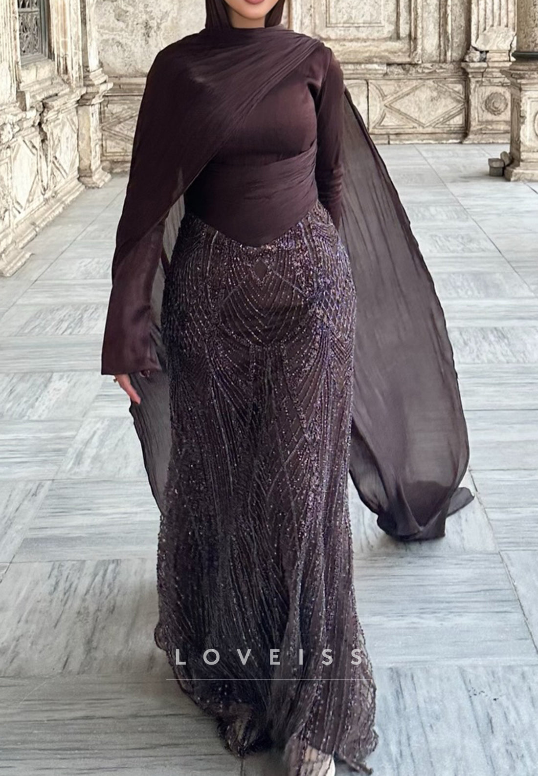 Long Sleeve Sequin Mermaid Gown with Draped Shawl