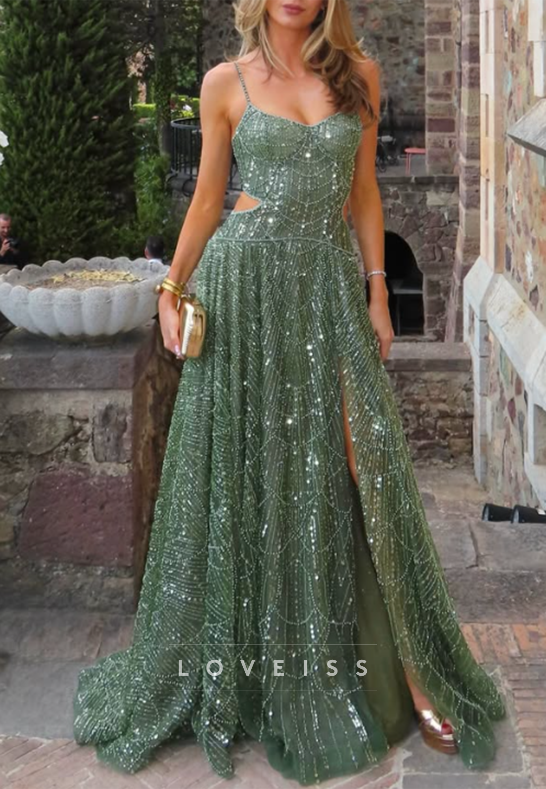 Spaghetti Strap Sequin Gown with Side Cutouts & Slit