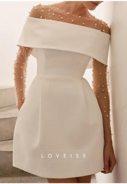 Pearl-Embellished Illusion Foldover Mini Dress