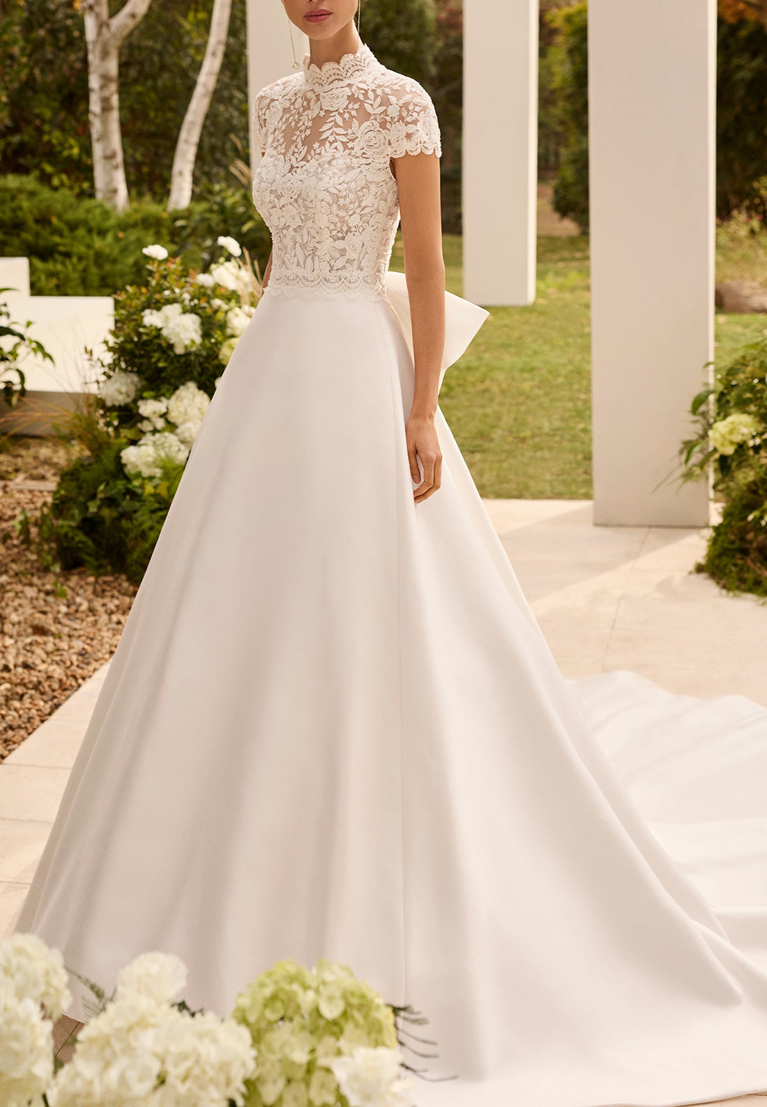 Lace High Neck A-Line Wedding Dress with Bow