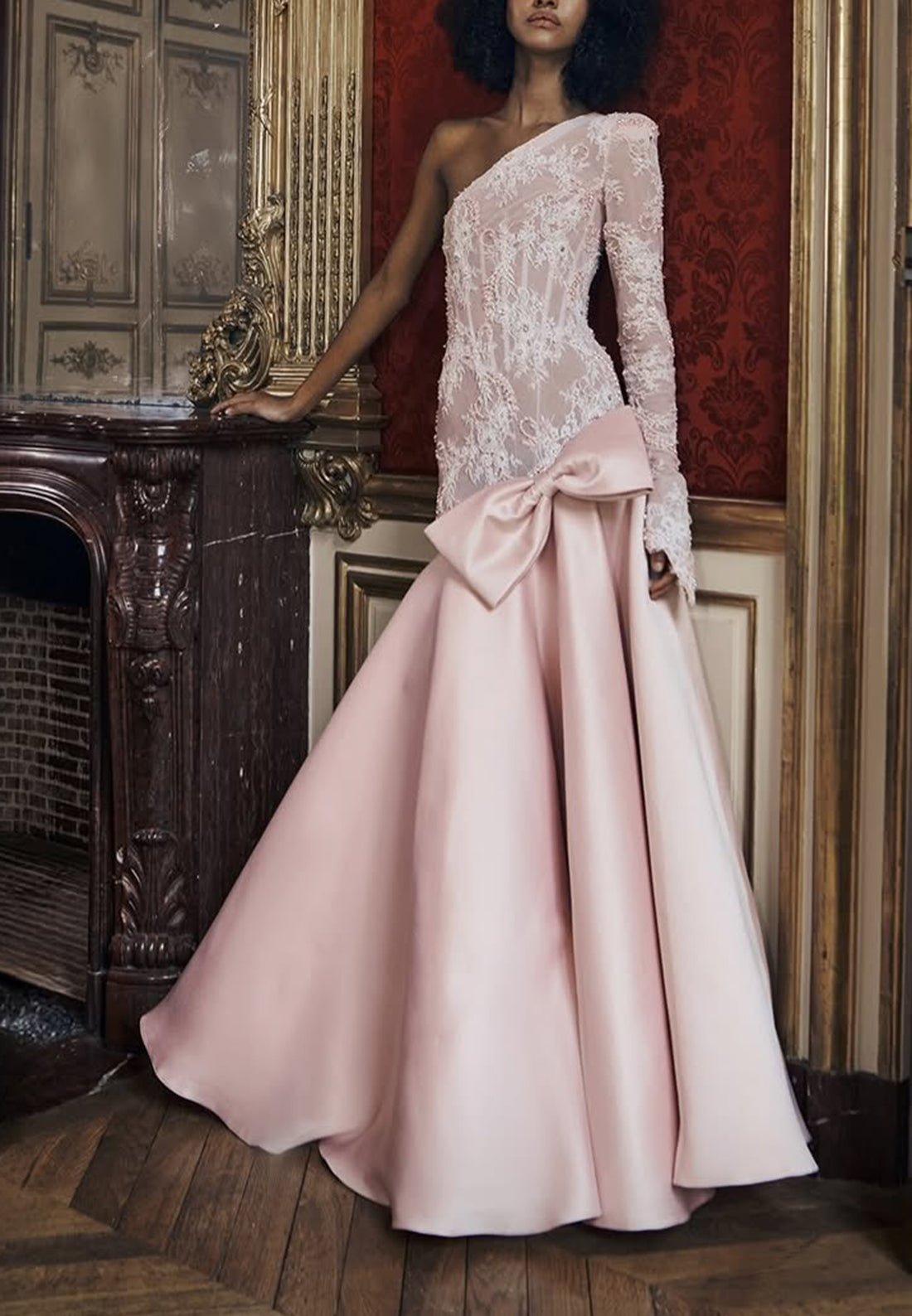 One-Shoulder Lace Corset Evening Gown with Bow
