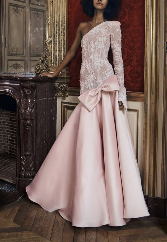 One-Shoulder Lace Corset Evening Gown with Bow