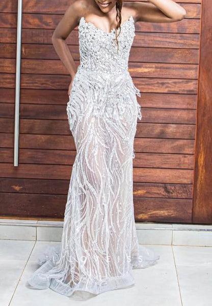Strapless Beaded Sequin Mermaid Evening Gown