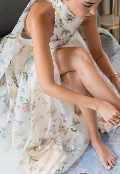 Floral High Neck Halter A-Line Maxi Dress