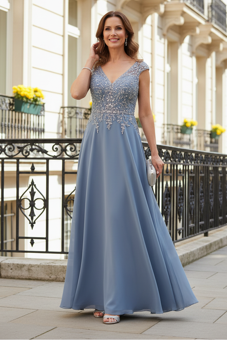Beaded Cap Sleeve A-Line Evening Gown