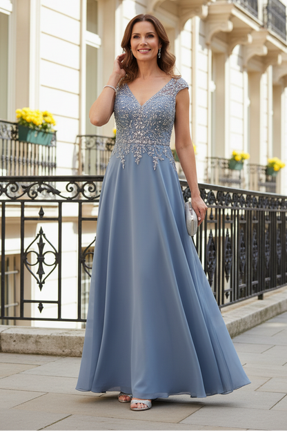 Beaded Cap Sleeve A-Line Evening Gown
