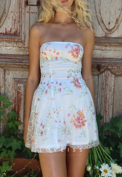 Strapless Floral Embroidered Mini Dress with Ruched Waist