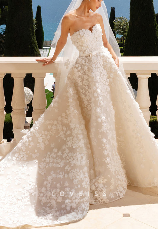 Strapless 3D Floral Applique Ball Gown Wedding Dress