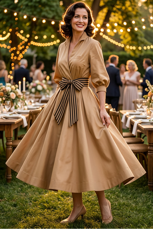 A-Line Midi Shirt Dress with Striped Bow Sash