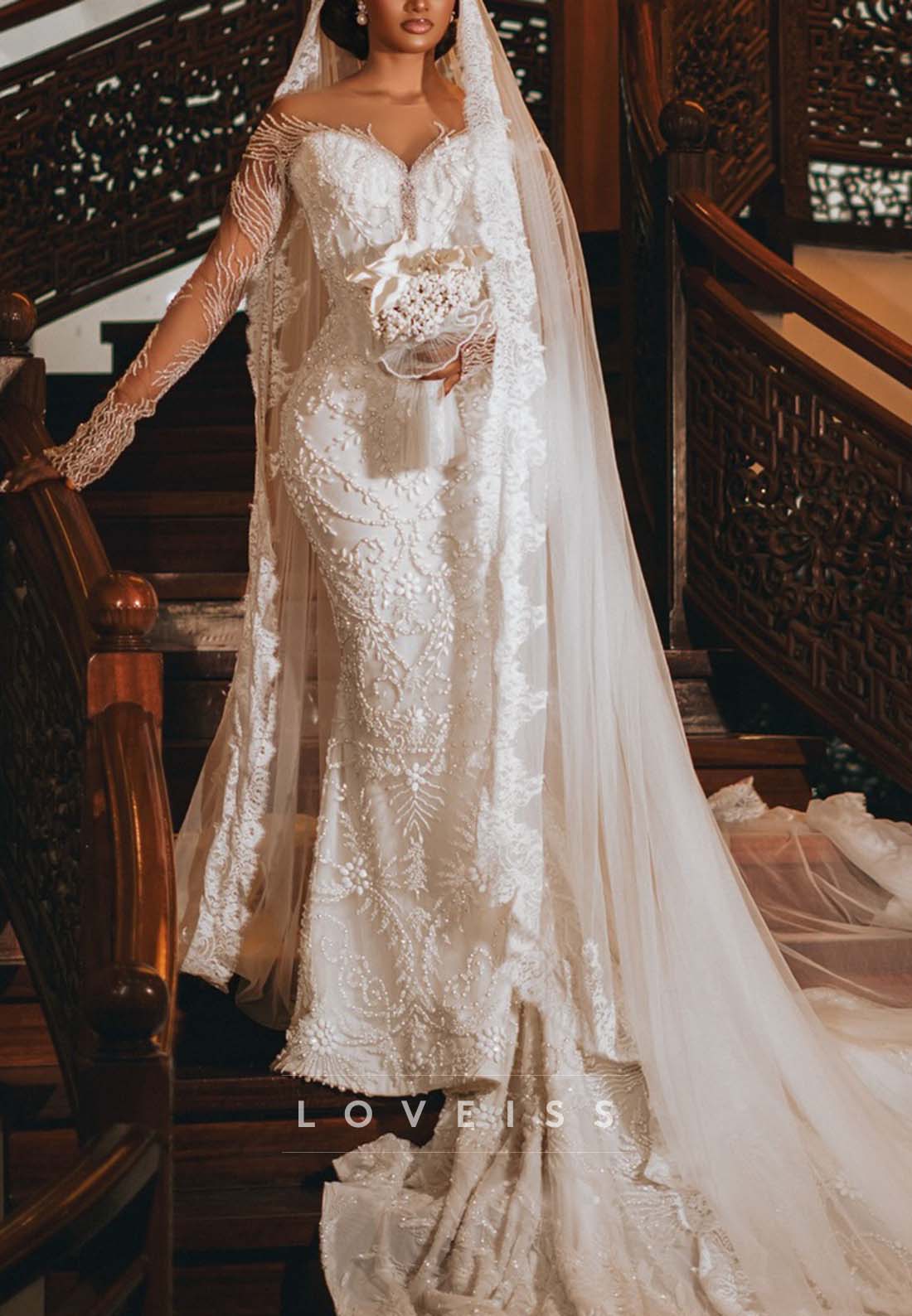 Beaded Mermaid Wedding Dress with Long Sleeves