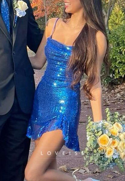 Ruched Sequin Mini Dress with Lace-Up Back