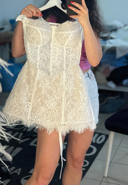 Corset Lace Mini Dress with Bell Sleeves