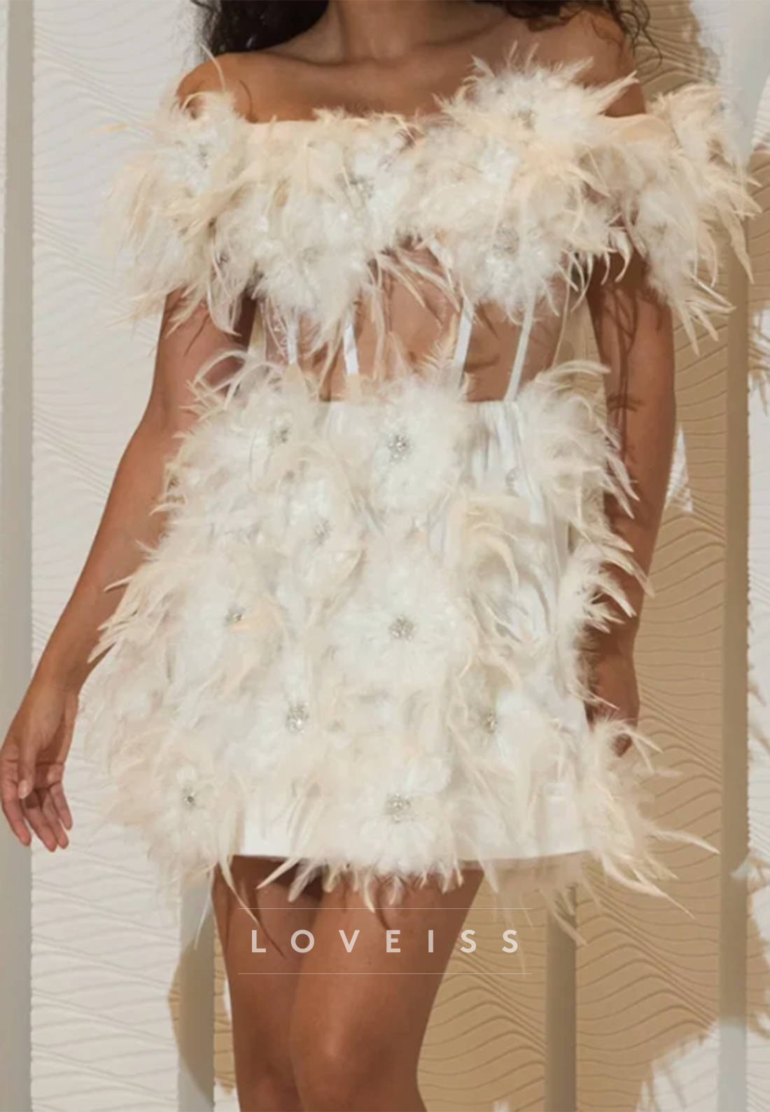 Feather-Embellished Corset Mini Dress