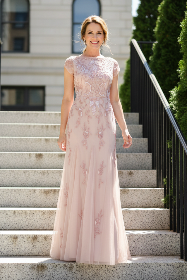 Beaded Cap Sleeve Trumpet Evening Gown