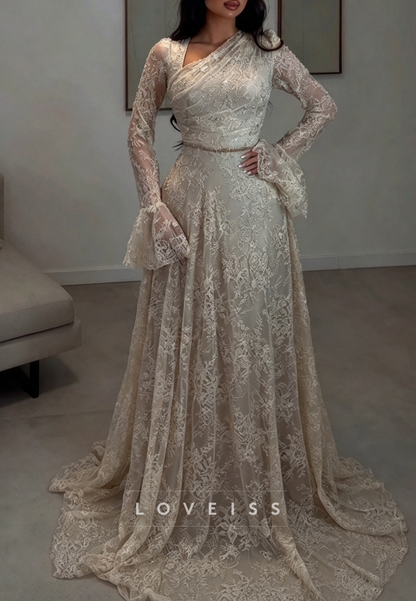 Asymmetrical Lace A-Line Gown with Bell Sleeves