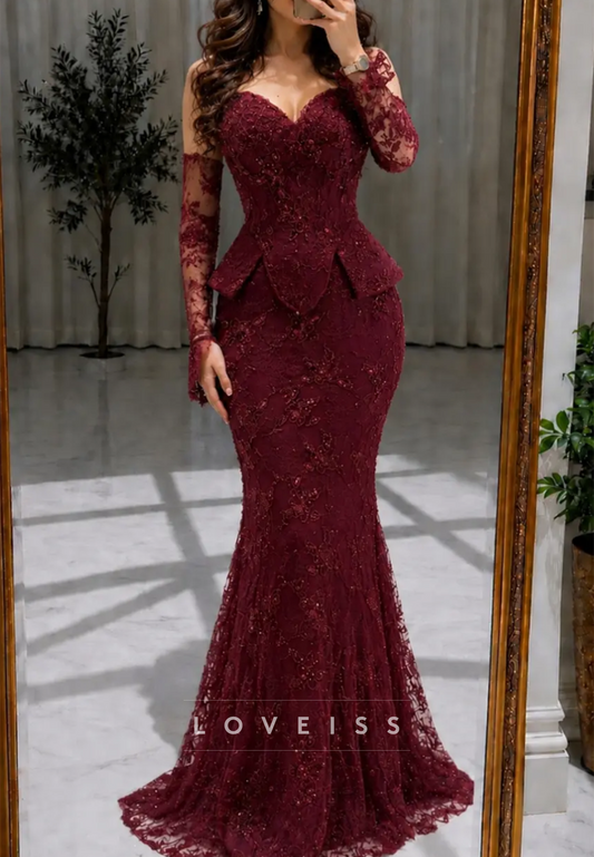 Off-Shoulder Lace Mermaid Evening Gown with Long Sleeves