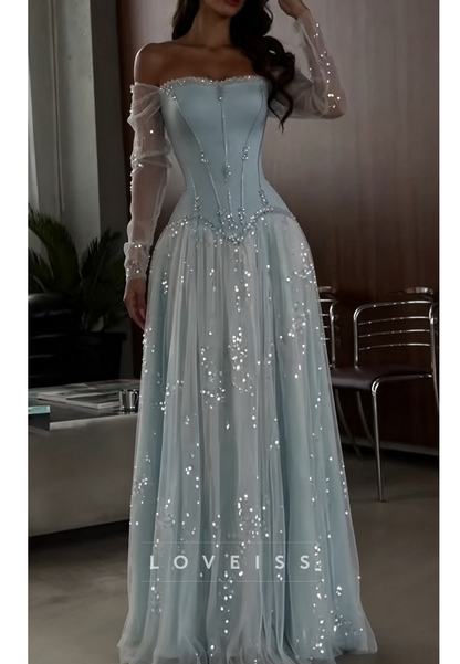 Corset Evening Gown with Beading and Sheer Sleeves