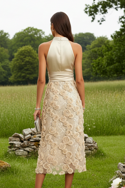 Halter Neck 3D Floral Satin Midi Dress