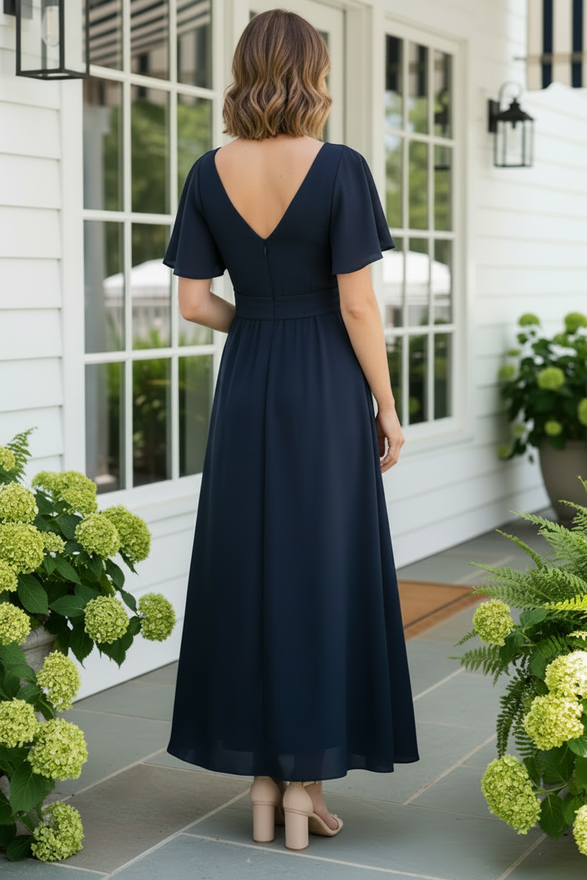 A-Line V-Neck Flutter Sleeve Maxi Dress