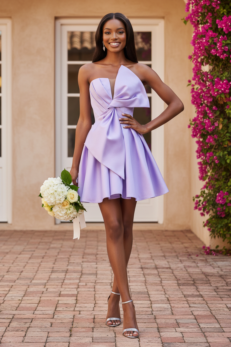 Strapless A-Line Satin Mini Dress with Oversized Bow