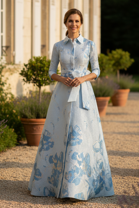 Floral Jacquard Shirt Ball Gown with Tie Belt