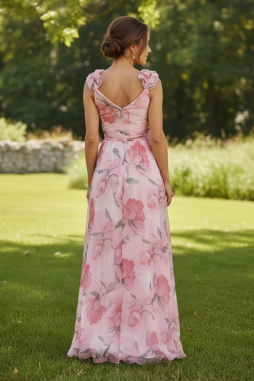 Floral Print Chiffon Maxi Dress with 3D Shoulder Flowers
