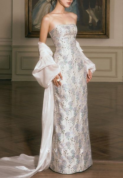 Strapless Floral Jacquard Gown with Satin Shawl