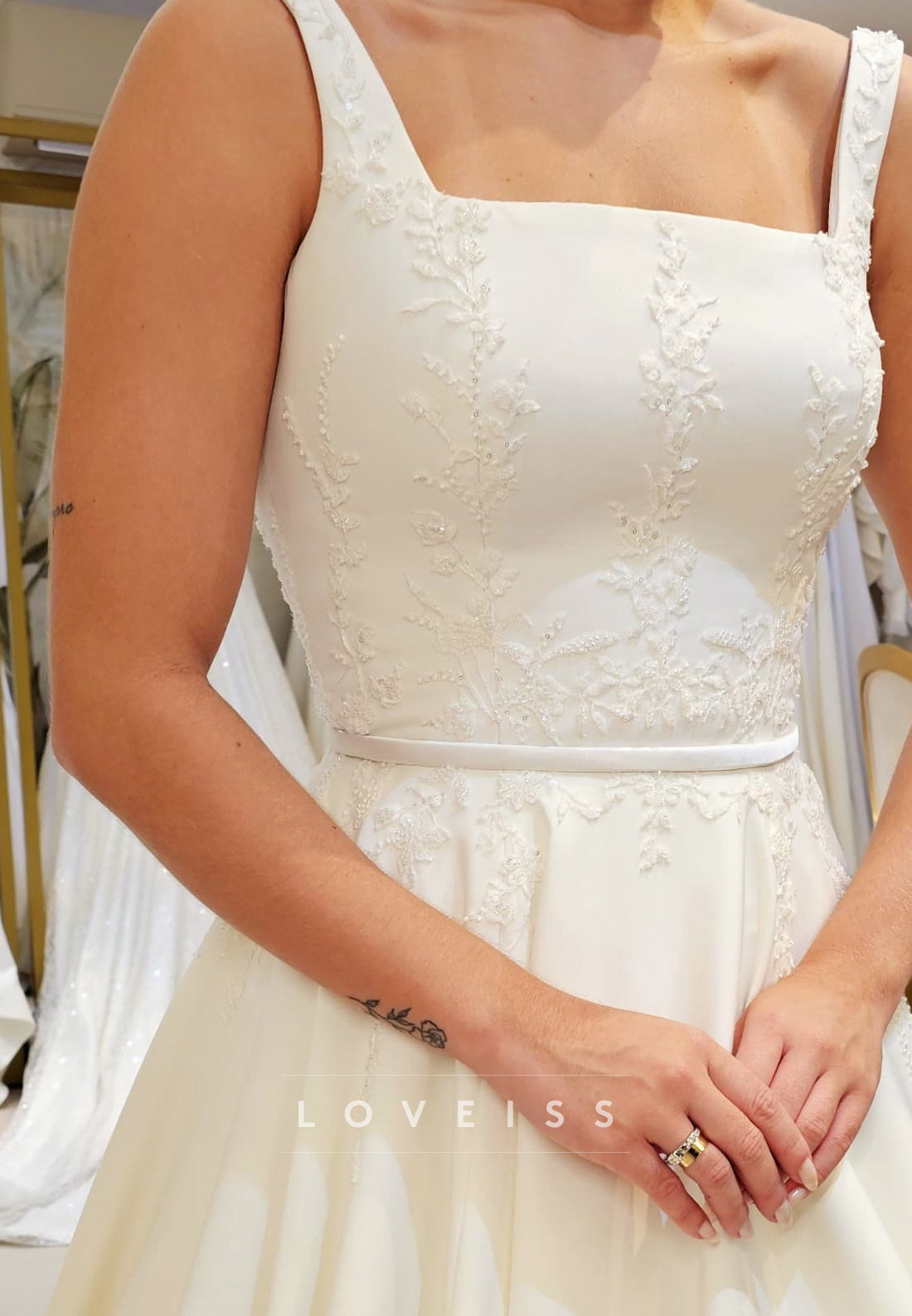 Square Neck Embroidered Satin A-Line Wedding Dress