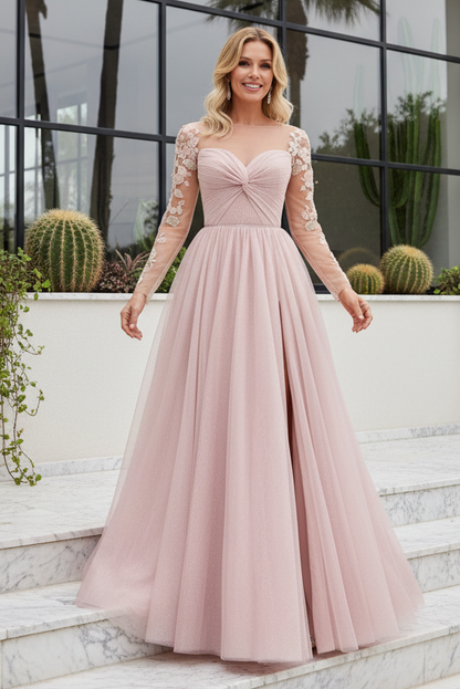 Illusion Long Sleeve A-Line Gown with High Slit